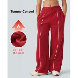 NWT Halara Double Waistband Tummy Control Fleece Pants Women's XL Red Wide Leg